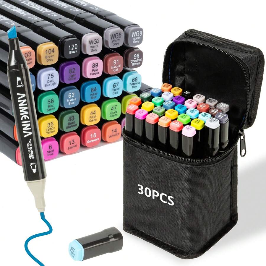 30 Dual Tip Art Markers Colored Permanent Drawing Highlight Illustration Sketch Design Supplies For Adults, Artists, Office, School Back To School. - 30 màu/bộ - Xem 1