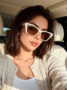 1pc Retro Cat Eye Fashion Glasses For Women, High-End Fashionable Street Style Versatile Glasses - Beige Frame Tea Leaves - View 1