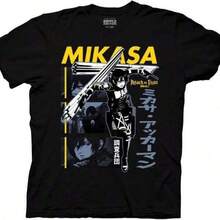 Camiseta negra de manga corta con cuello redondo, informal de verano, de puro algodón, para niños, Ripple Junction Attacks On Titan, camiseta de manga corta para niños, Mikasa Ackerman Thunder Spears Flashback Crew, con licencia oficial, hecha de puro algodón, ropa de vacaciones de primavera/verano, camisetas de Acción de Gracias, camiseta informal con estampado único, camiseta de puro algodón, camiseta informal de moda con estampado único, camisetas gráficas, ideal para la vuelta al cole, Navidad, fiestas y uso diario. - Negro - Ver 1