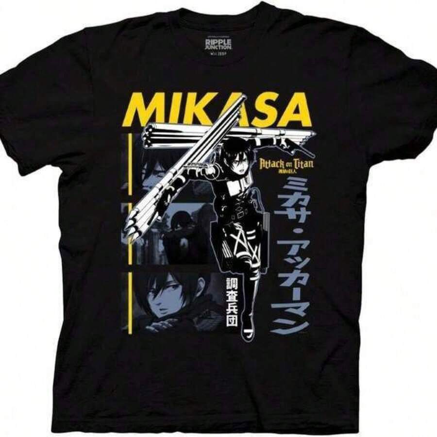 Camiseta negra de manga corta con cuello redondo, informal de verano, de puro algodón, para niños, Ripple Junction Attacks On Titan, camiseta de manga corta para niños, Mikasa Ackerman Thunder Spears Flashback Crew, con licencia oficial, hecha de puro algodón, ropa de vacaciones de primavera/verano, camisetas de Acción de Gracias, camiseta informal con estampado único, camiseta de puro algodón, camiseta informal de moda con estampado único, camisetas gráficas, ideal para la vuelta al cole, Navidad, fiestas y uso diario. - Negro - Ver 1