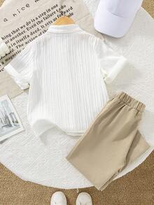 男童休闲套装，纯色立领涤纶面料，舒适时尚，适合上学和日常穿着，是活力简约小男孩夏季的理想之选。 - 駝色 - 查看 4