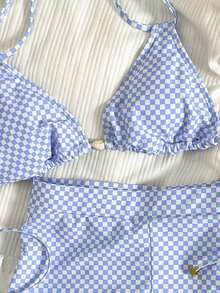 Women's Retro Plaid Print Sexy Bikini Set, Light Blue High Waist Bottoms, Gym Wear, New Year Outfit, Short Bikini/Outerwear Set/Casual/Millennium/Western Style/Nightclub/Beach Swimwear - Blue - View 9
