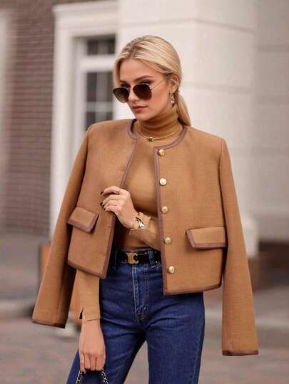 La nueva colección de 2026 otoño-invierno de chaquetas para mujer cortas con cuello redondo botones metálicos diseño de moda ropa exterior más vendida