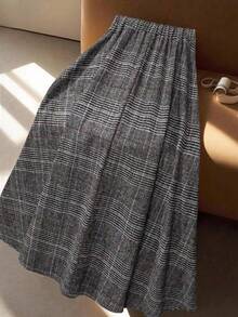 EARO Women's Elegant Long Plaid Skirt, Front Button Design, High Waist A-Line Silhouette, Non-Stretch Fabric Spring - Brown Black White - View 2