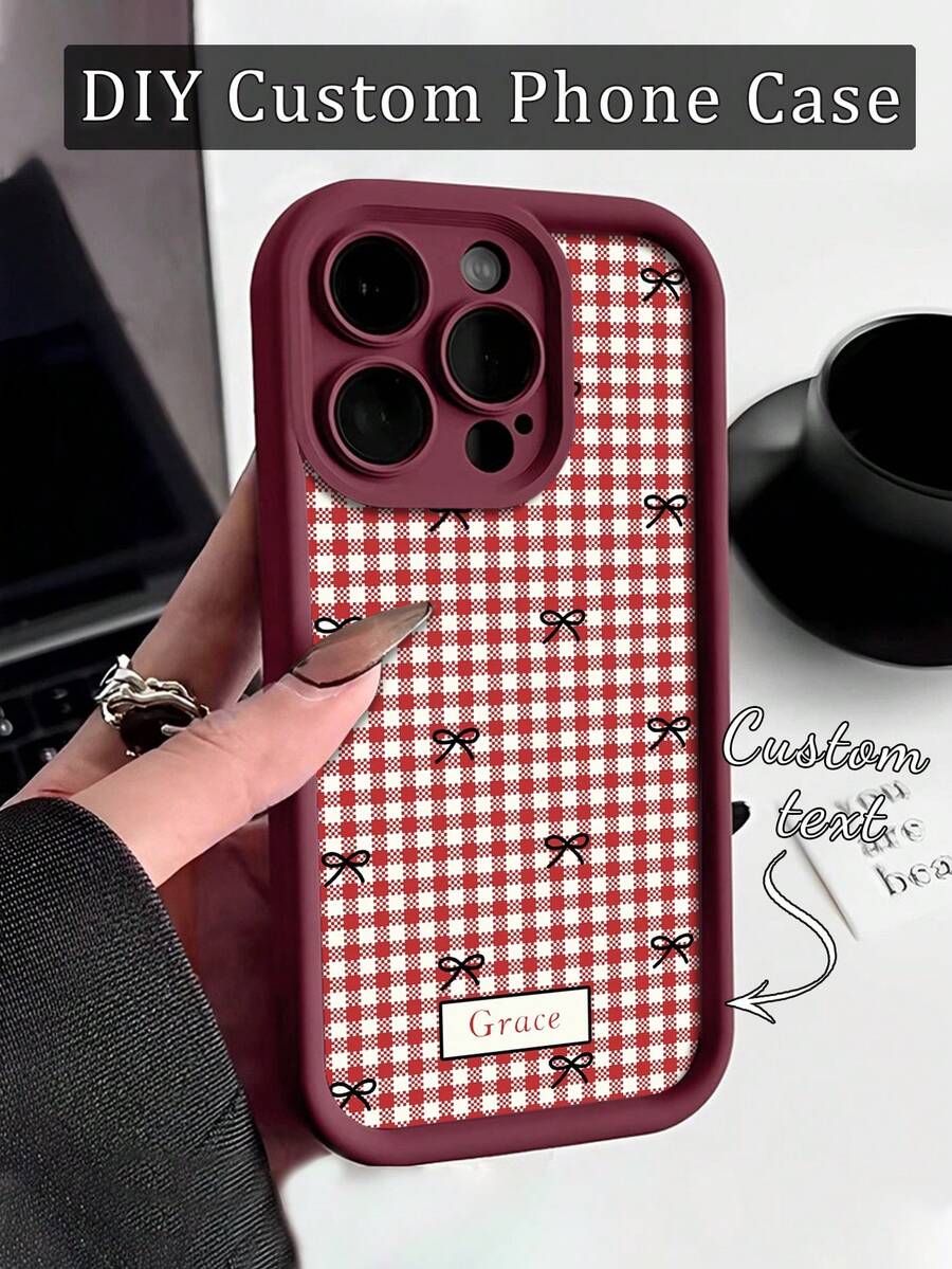 1pc Customized Text Phone Case, Red Plaid Bow Design TPU Thick Edge Full Body Shockproof Silicone Lens Protection Phone Case Compatible With Samsung Compatible With IPhone 17/17Pro/17ProMax/17Air/16/16Pro/16ProMax/16Plus/15/15Plus/15Pro/15ProMax/14/14Plus/14Pro/14ProMax/13/13Pro/13ProMax/12/11 Phone Accessories, Premium Protection Cover - Burgundy - View 1