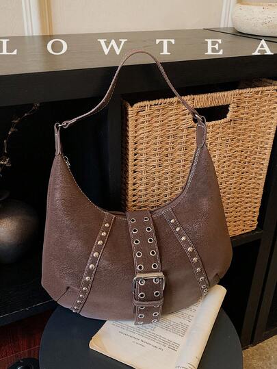 low tea 1pc Autumn/Winter New Solid Color PU Leather One Shoulder Bag For Women, Casual Retro Fashion Crescent Shoulder Bag, Double Handle Design With Top Zipper Closure, Strap Decoration, Detachable And Adjustable Shoulder Strap, Suitable For Daily Commute, Outdoor, Travel, Outing