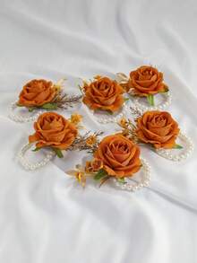 1pc/6pcs Luxury Princess Rose Flower With Faux Greenery & Pearl Bracelet, Suitable For Bride, Groom, Bridesmaids, Weddings, Engagements, Parties, Events