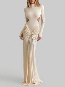 Sedessea Solid Color Elegant Ruffled Hollow Out Drape Wedding Party Dress - Apricot - View 1