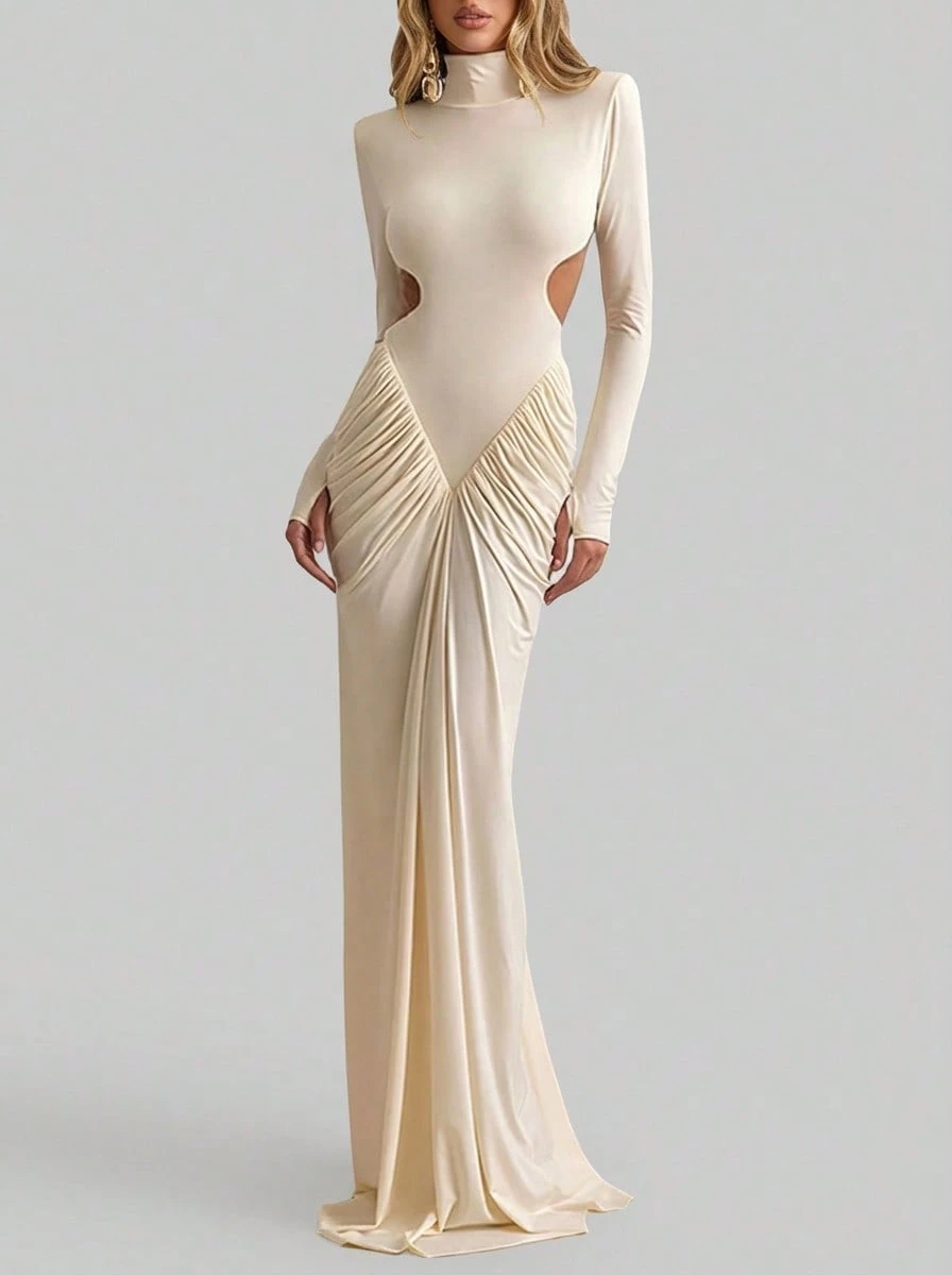 Sedessea Solid Color Elegant Ruffled Hollow Out Drape Wedding Party Dress - Apricot - View 1