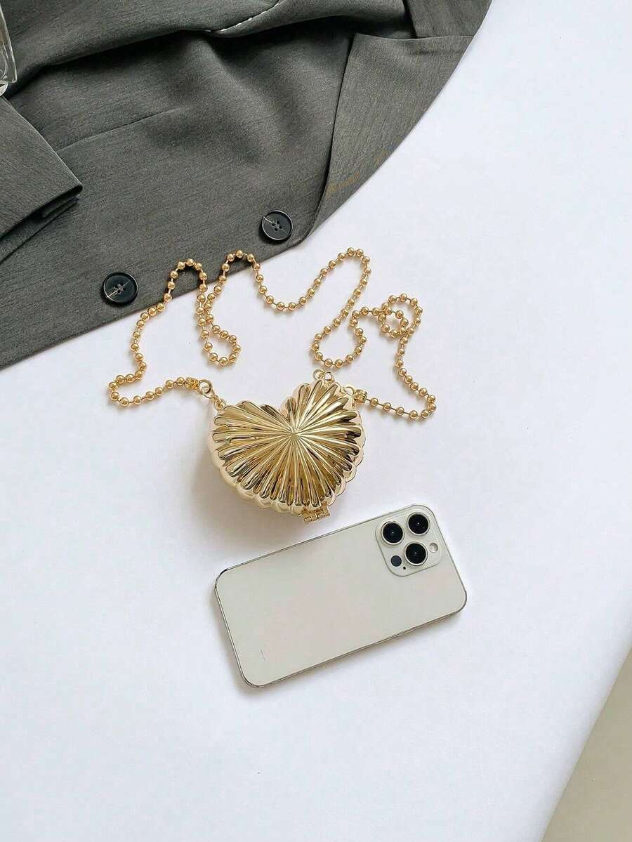 Metal Zinc Alloy Heart-Shaped Mini Evening Bag, Women's Personalized Fashion Chain Lipstick Bag, Suitable For Valentine's Day, Party, Date Use As Shoulder Crossbody Bag, Coin Purse ,Wedding - 金牌-1 - 查看 1