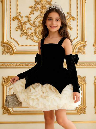 2pcs/Set Girls' Elegant Cute Velvet Bow Swan Bud Dress With Detachable Sleeves, Princess Dress For Stage Performance, Birthday Party, Christmas, Vacation, Party, Banquet