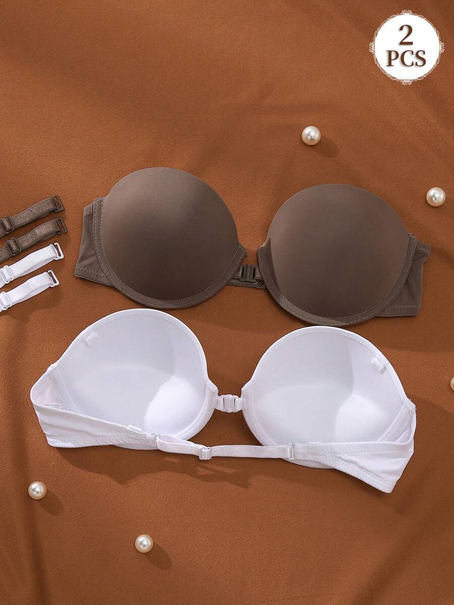 2pcs/Set Multi-Color Front Closure Supportive Women's Bras With Underwire Lining, Casual & Comfortable