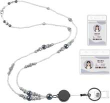 Teacher Lanyards For Id Badges And Keys, Beaded Badge Lanyard With Retractable Reel Pearl Necklace Cute Lanyards For Women (Black) - ColorA - 查看 1