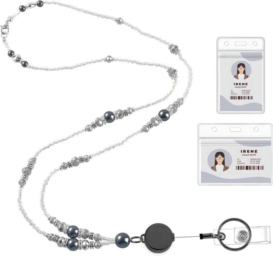 Teacher Lanyards For Id Badges And Keys, Beaded Badge Lanyard With Retractable Reel Pearl Necklace Cute Lanyards For Women (Black) - ColorA - 查看 1