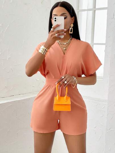 AIJ Mono elegante de mujer Amarilo con escote en V cruzado, mangas dolman y cintura asimétrica en color rojo - Perfecto para looks de oficina elegante, citas de San Valentín y uso casual diario en verano