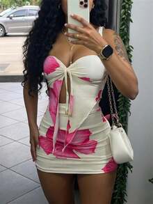 Women's Floral Set, Sensual, Coated Fabric, Wrinkled, Asymmetrical, Knot. - Hot Pink - View 1