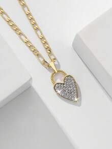 1pc Classic European Style Copper Inlaid Zirconia Heart Pendant Necklace, Limited Edition "Light Of Protection", Suitable As Gift For Christmas, Thanksgiving, Halloween, Mother's Day, Valentine's Day, Friends, Communion, Daily Wear, Prayer - Yellow Gold - View 1