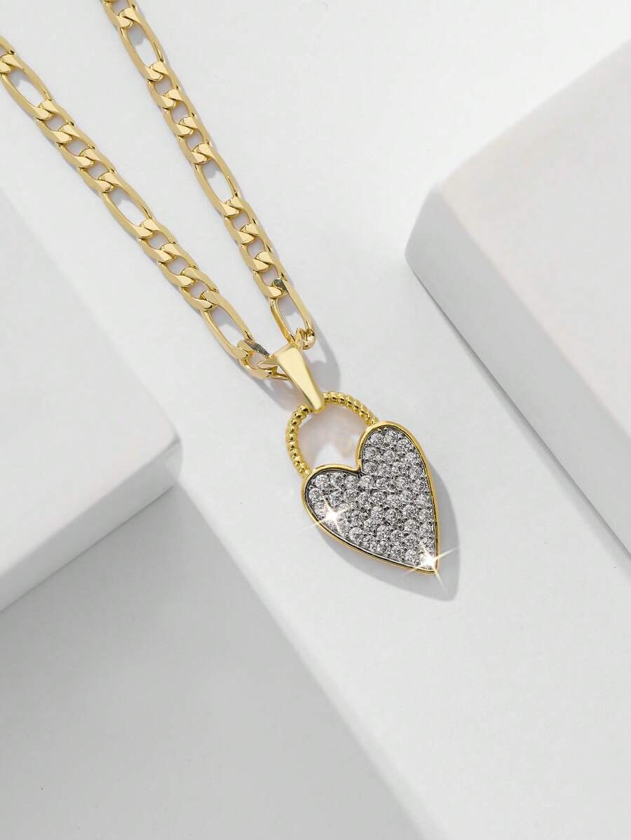 1pc Classic European Style Copper Inlaid Zirconia Heart Pendant Necklace, Limited Edition "Light Of Protection", Suitable As Gift For Christmas, Thanksgiving, Halloween, Mother's Day, Valentine's Day, Friends, Communion, Daily Wear, Prayer - Yellow Gold - View 1