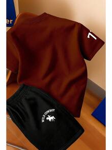 Men's T-Shirt And Shorts Set - New Summer Collection - Modern - Premium Cotton - 鏽棕色 - 查看 2