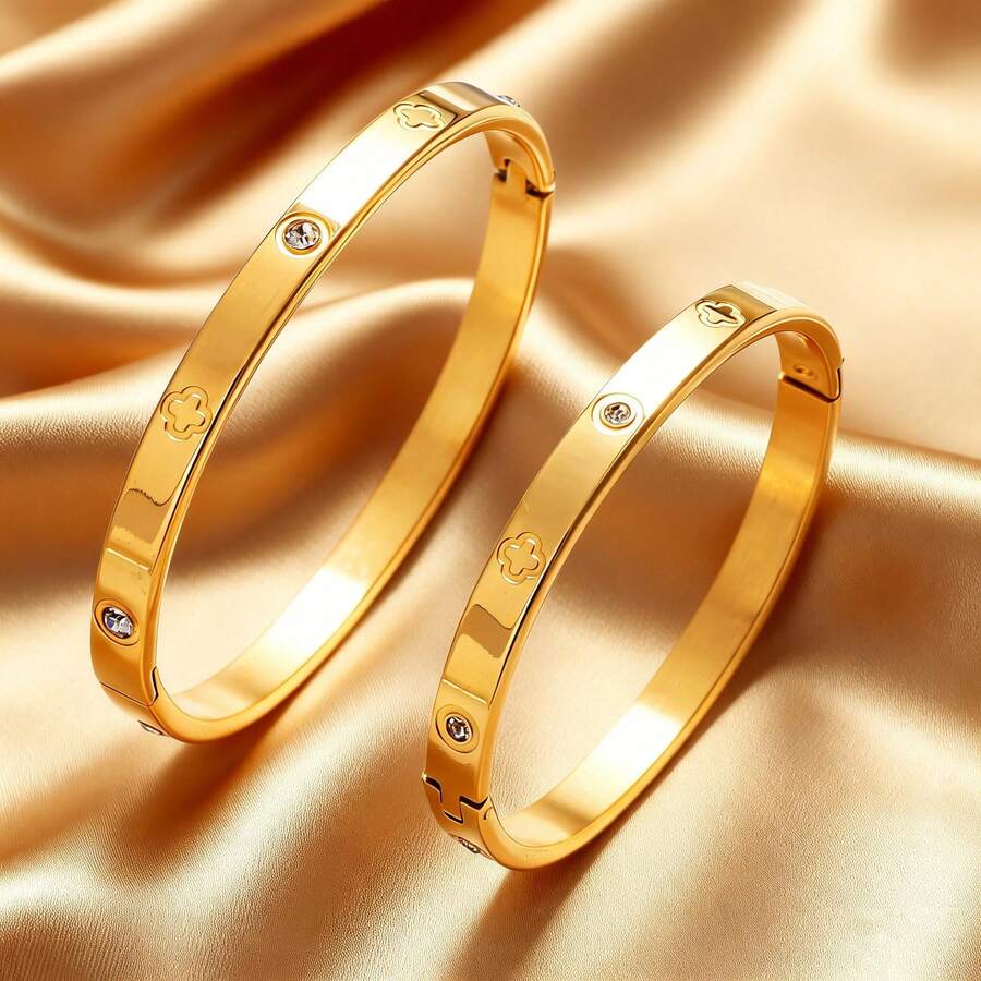 1件不锈钢手链，饰有幸运四叶草和十二月生辰石（合成锆石） - 亲子款手链，圣诞礼物，全年佩戴，优雅简约 - 手鐲 - 查看 1