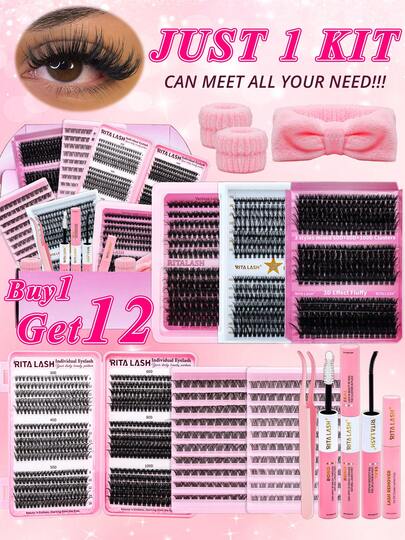  RITALASH 1598Pcs Large Capacity Mixed Styles Cluster Eyelash Set, D Curl Design, DIY Personal False Lashes Kit With Glue And Adhesive, Daily Use Party Use