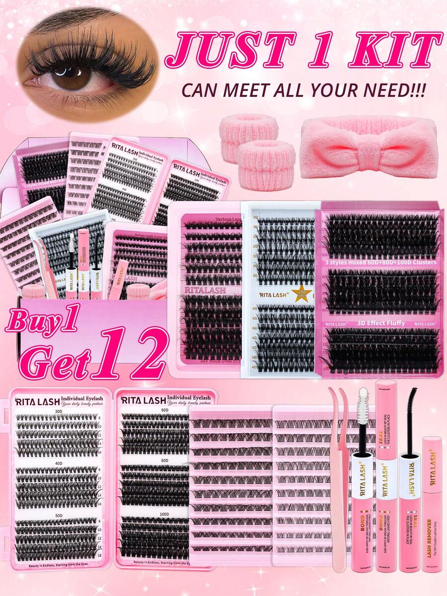 RITALASH 1598Pcs Large Capacity Mixed Styles Cluster Eyelash Set, D Curl Design, DIY Personal False Lashes Kit With Glue And Adhesive, Daily Use Party Use - Black - View 1