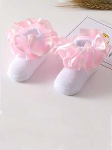3 Pairs Girls' Thin Solid Color Lace Trim Breathable Socks, Blue, Spring/Summer - Blue - View 2