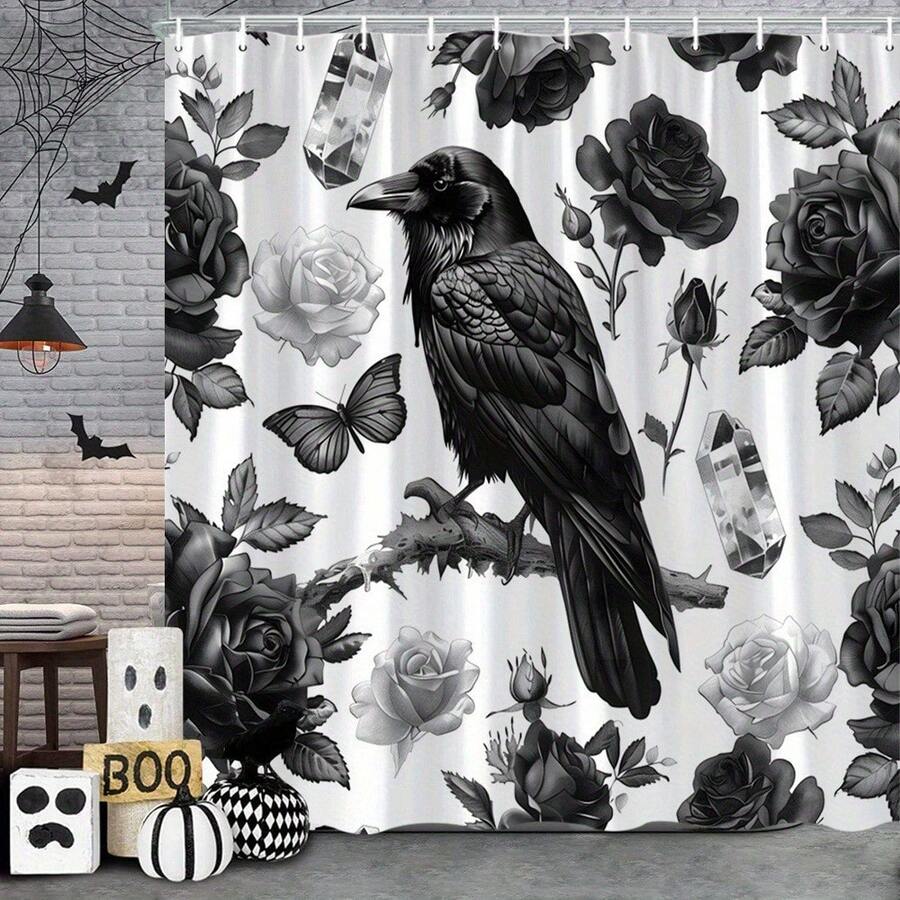 1Pc Gothic Crow & Floral Shower Curtain, Black & White Botanical Print, Machine Washable Polyester With 12 Hooks, Modern Elegant Bathroom Decor, Smooth Texture Fabric For Stylish Home Aesthetics, Bathroom Decor And Accessories - 顏色2 - 查看 1