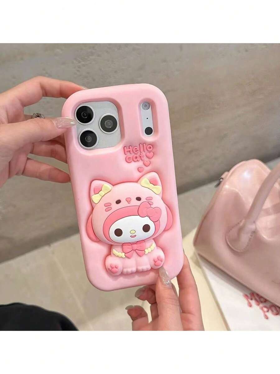 SANRIO Ốp lưng điện thoại hình mèo dễ thương thời trang Melody, màu hồng KT, giá đỡ 3D nổi, nơ hồng, chống nước, chống sốc, bằng silicon, tương thích với iPhone 17 Series, 11/12/12pro, 13/14/15, 13pro/14pro/15pro, 12pro Max/13pro Max/14pro Max/15pro Max, 16, 16pro, 16pro Max, 17, 17pro, 17pro Max - Hồng - Xem 1