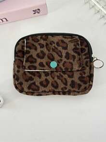 Corduroy Flip Cover Card Holder & Coin Purse, Multi-Functional Leopard Print Organizer Pouch Women's Portable Lipstick & Cosmetic Bag - Multicolor - View 10