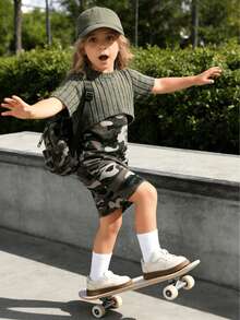 4-7 Years Girls Summer Camouflage Print Short Sleeve T-Shirt And Cami Dress 2-Piece Set, Soft And Skin-Friendly Fabric - Army Green - View 5