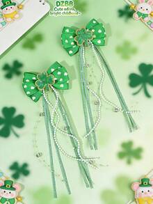 2个圣帕特里克节绿色罗缎四叶草发夹，串珠吊坠发饰，酢浆草印花发夹，适合女孩儿童的节日礼物 - 彩色 - 查看 1