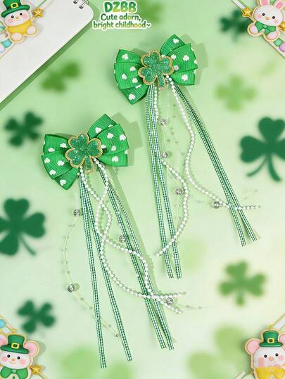2个圣帕特里克节绿色罗缎四叶草发夹，串珠吊坠发饰，酢浆草印花发夹，适合女孩儿童的节日礼物