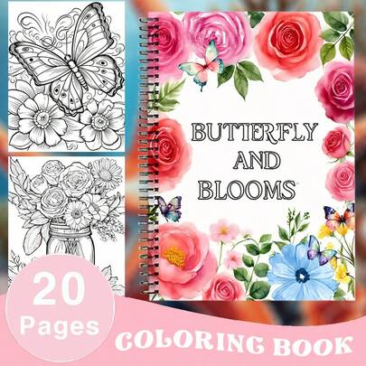 春日花卉蝴蝶涂色书，双螺旋装订A4纸，心理健康涂色图案，线条清晰，舒缓压力设计，艺术疗法，派对、圣诞节、万圣节的完美放松礼物