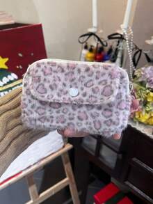 粉色豹纹零钱包 可爱甜美相机收纳包 毛绒大容量便携卡包 旅行口红化妆包 化妆包 旅行必备 - 彩色 - 查看 7