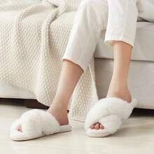Women's Crossed Strap Fluffy Slippers, Soft And Warm Furry Home Shoes With Open Toe And Comfortable Outdoor Wear, Breathable - trắng - Xem 8