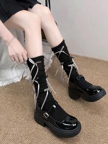 Thin Bowknot Gray Leg Warmers For Women, Sweet Lace Ruffle Cuff Mid-Calf Socks, Spring/Summer - Multicolor - View 2