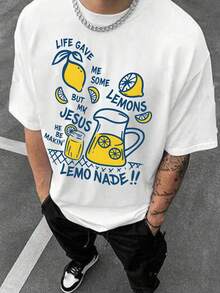 Men's Summer Fresh Lemon Element Print Casual Crew Neck Short Sleeve Top - White - View 4