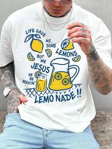 Men's Summer Fresh Lemon Element Print Casual Crew Neck Short Sleeve Top - White - View 1