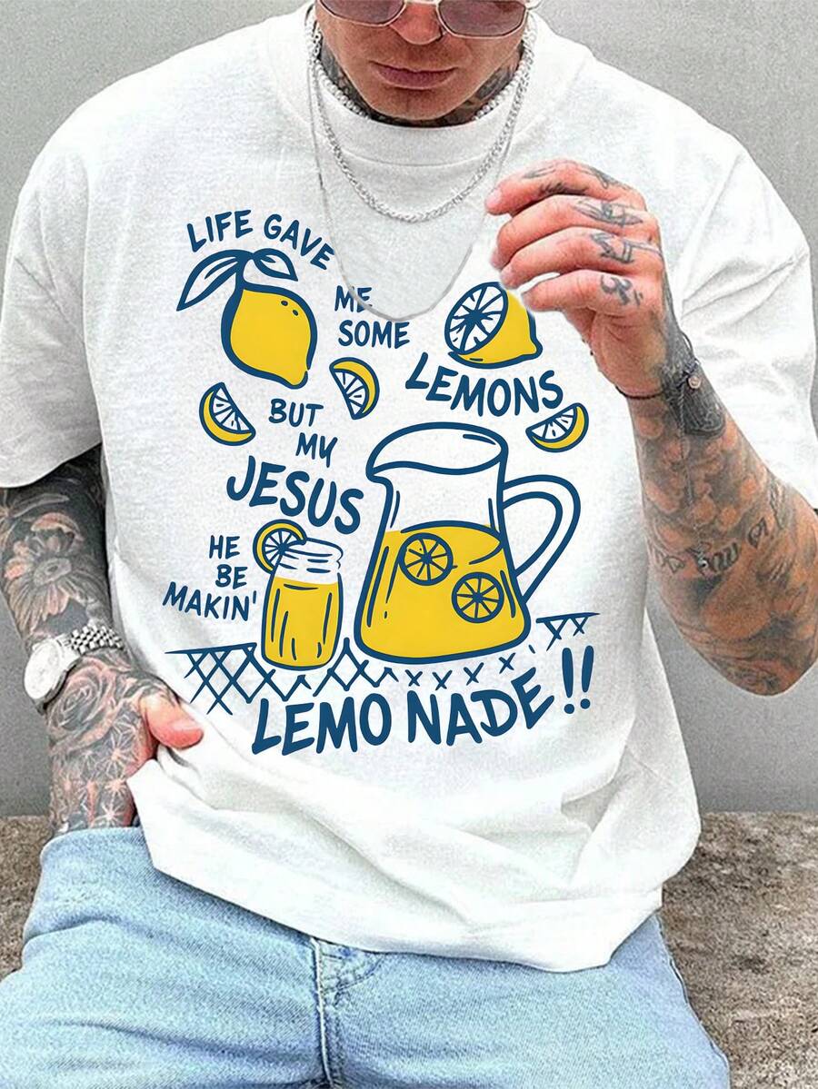 Men's Summer Fresh Lemon Element Print Casual Crew Neck Short Sleeve Top - White - View 1