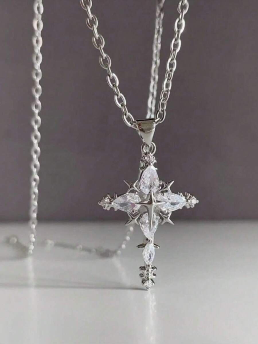 1pc Fashion Cross Pendant Necklace, Suitable For Women's Daily Wear - Silver - View 1