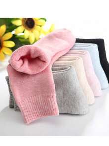 5 Pairs Women's Socks, Thick Warm Solid Color Wool Socks, Casual Cold-Resistant Mid-Calf Socks, Autumn/Winter - Champagne - View 1