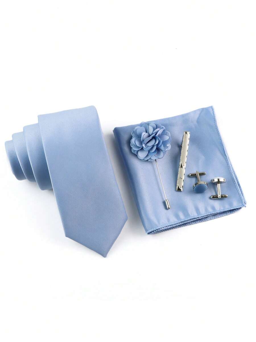 ZONFAZ 5件套男士商务正装领带、手帕、袖扣、胸针、领带夹组合套装，适合西装、婚礼和派对等场合。 - 霧霾藍 - 查看 1
