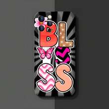 1PC Phone Case ,  Colorful Letters Butterfly Flower Pattern , Stylish Phone Case, Phone Decoration, All-around Lens Protection, Creative Small Gift, Funny Gift for Boys and Girls - Negro - Ver 3