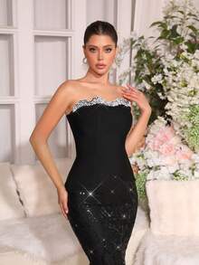 Modphy 性感女士美人鱼长裙套装，时尚珍珠设计，裹身式无袖露背修身不对称吊带上衣 + 高腰亮片美人鱼长裙两件套 - 黑色 - 查看 3