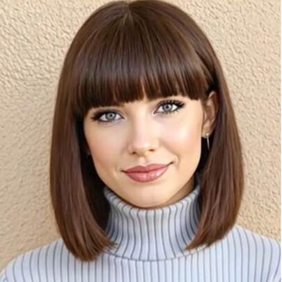 Tóc giả ngắn kiểu Bobo màu nâu, độ dày 150%, làm từ tóc thật, tiện lợi cho phụ nữ sử dụng hàng ngày mà không cần keo dán.