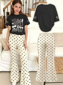 Girls' Artistic Design Print Round Neck Short Sleeve T-Shirt + Random Cut Polka Dot Full Print Flare Pants, New Summer Spring Girls Outfit - Multicolor - View 4