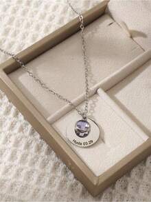 1pc Personalized Date Disc Necklace With Birthstone, Custom Text Birthstone Pendant Necklace Gift For Her, Engraved Coin Necklace, Anniversary Gift, Valentine's Day Gift, Graduation Gift, Christmas Gift, Birthday Gift - Multicolor - View 4