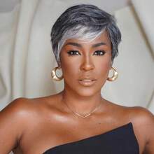 1顶4英寸短款1B/34/60混色真人发假发，150%密度，精灵短发，带刘海和层次感，三色渐变，黑色、灰胡椒色和白色，多色玫瑰网帽，直发，日常佩戴舒适，适合派对佩戴 - 彩色 - 查看 9