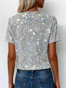 SRoinpar 亮银色V领宽松休闲上衣，适合派对穿着，尽显身材 - 銀色 - 查看 2